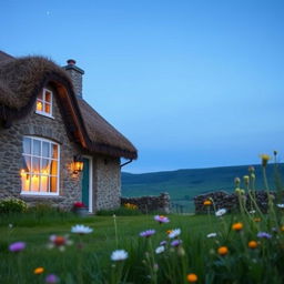 A picturesque view of a cozy Irish cottage, showcasing candlelights glowing warmly in the windows