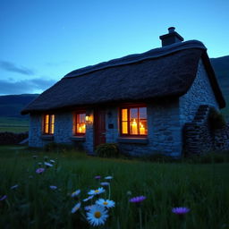 A picturesque view of a cozy Irish cottage, showcasing candlelights glowing warmly in the windows