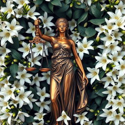 A strikingly detailed statue of Justice (Themis), blindfolded and gracefully holding scales, is prominently positioned at the center of the image