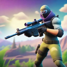 A high-quality, digital art image featuring a Fortnite character holding a sniper rifle, aiming into the distance