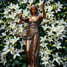 A strikingly detailed statue of Justice (Themis), blindfolded and gracefully holding scales, is prominently positioned at the center of the image