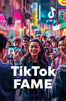 A vibrant and engaging composition highlighting the elements that contribute to TikTok fame, featuring young creators recording videos on their smartphones in a dynamic urban setting