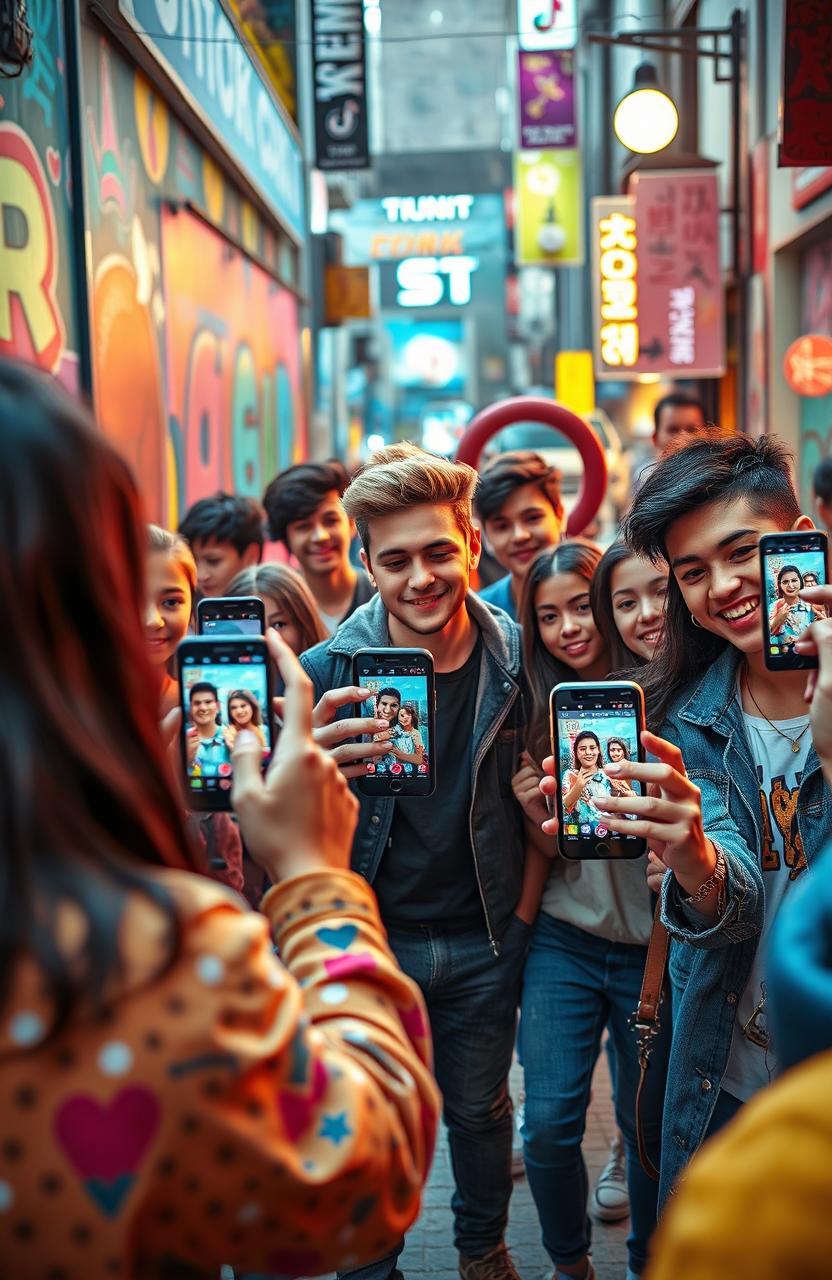 A vibrant and engaging composition highlighting the elements that contribute to TikTok fame, featuring young creators recording videos on their smartphones in a dynamic urban setting