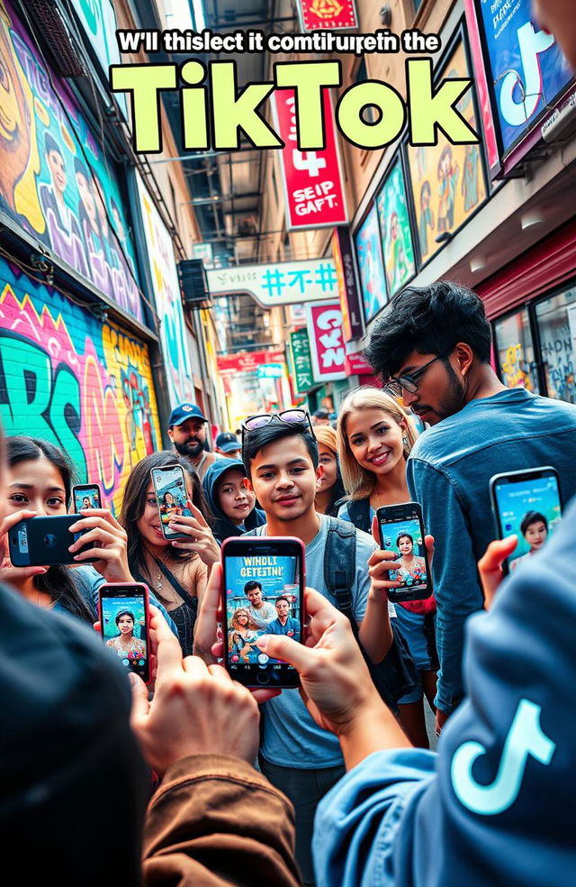 A vibrant and engaging composition highlighting the elements that contribute to TikTok fame, featuring young creators recording videos on their smartphones in a dynamic urban setting