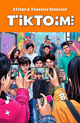 A vibrant and engaging composition highlighting the elements that contribute to TikTok fame, featuring young creators recording videos on their smartphones in a dynamic urban setting