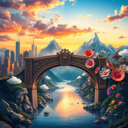 A stunning landscape illustrating the theme 'On one side lies the real world, on the other side, the realm of imagination, and in between, a bridge'