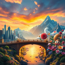 A stunning landscape illustrating the theme 'On one side lies the real world, on the other side, the realm of imagination, and in between, a bridge'