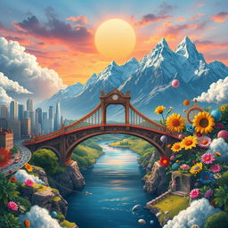 A stunning landscape illustrating the theme 'On one side lies the real world, on the other side, the realm of imagination, and in between, a bridge'