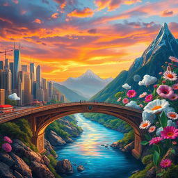 A stunning landscape illustrating the theme 'On one side lies the real world, on the other side, the realm of imagination, and in between, a bridge'