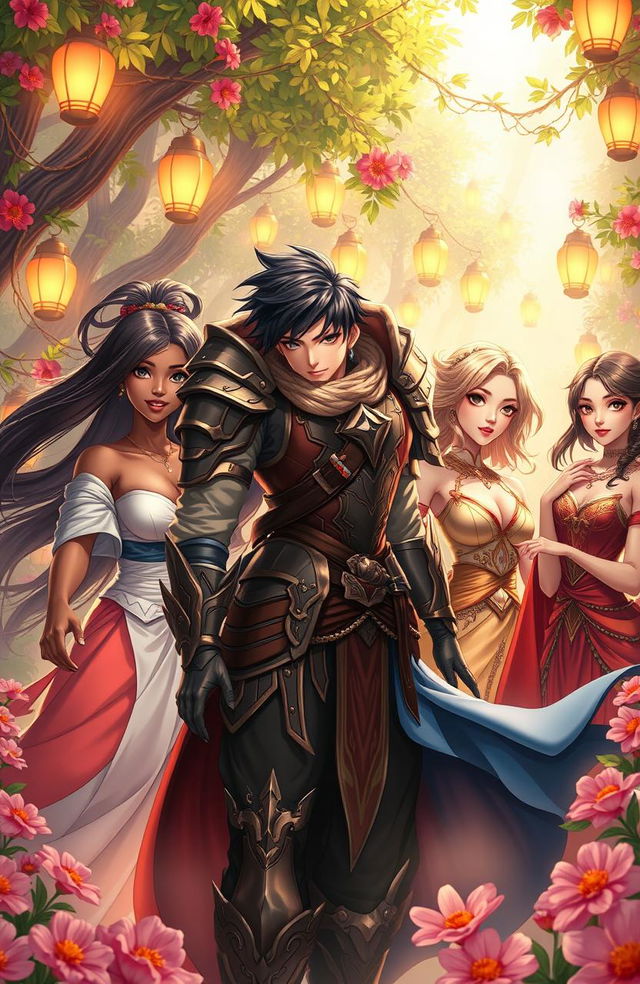 A dynamic scene featuring a heroic male character surrounded by a diverse group of beautiful women in a fantastical harem setting