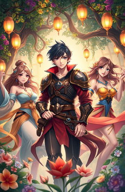 A dynamic scene featuring a heroic male character surrounded by a diverse group of beautiful women in a fantastical harem setting