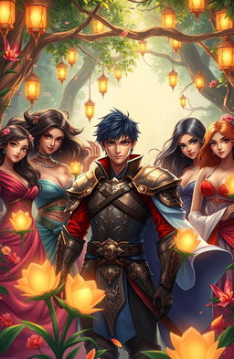 A dynamic scene featuring a heroic male character surrounded by a diverse group of beautiful women in a fantastical harem setting
