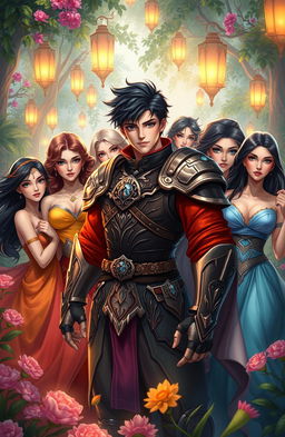 A dynamic scene featuring a heroic male character surrounded by a diverse group of beautiful women in a fantastical harem setting