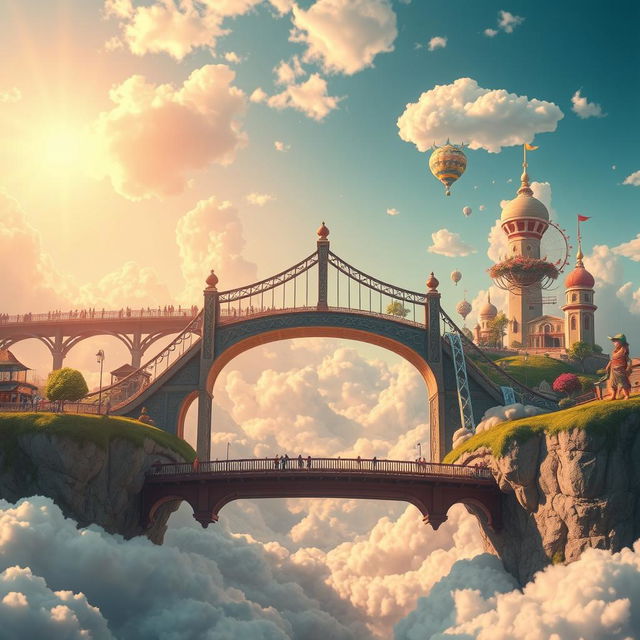 A surreal landscape featuring a bridge connecting two distinct worlds: on one side, a vibrant, bustling real world with people, busy streets, and colorful scenery; on the other side, a dreamy realm of imagination filled with whimsical elements like floating islands, mystical creatures, and pastel skies