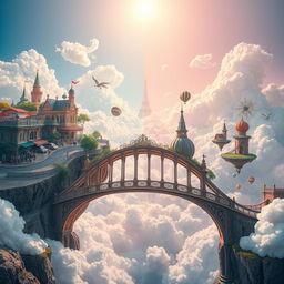A surreal landscape featuring a bridge connecting two distinct worlds: on one side, a vibrant, bustling real world with people, busy streets, and colorful scenery; on the other side, a dreamy realm of imagination filled with whimsical elements like floating islands, mystical creatures, and pastel skies