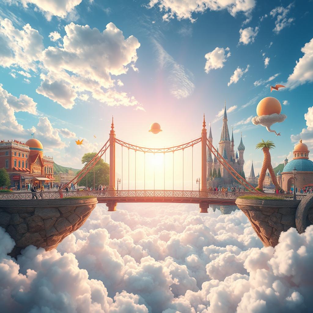 A surreal landscape featuring a bridge connecting two distinct worlds: on one side, a vibrant, bustling real world with people, busy streets, and colorful scenery; on the other side, a dreamy realm of imagination filled with whimsical elements like floating islands, mystical creatures, and pastel skies