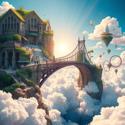 A surreal landscape featuring a bridge connecting two distinct worlds: on one side, a vibrant, bustling real world with people, busy streets, and colorful scenery; on the other side, a dreamy realm of imagination filled with whimsical elements like floating islands, mystical creatures, and pastel skies