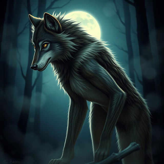 A stunningly fearless female werewolf with fur-covered skin, showcasing the majestic head and tail of a wolf