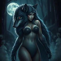A stunningly fearless female werewolf with fur-covered skin, showcasing the majestic head and tail of a wolf