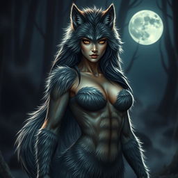 A stunningly fearless female werewolf with fur-covered skin, showcasing the majestic head and tail of a wolf