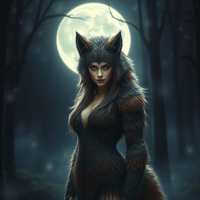 An incredibly captivating and fearless female figure with fur-covered skin, featuring the majestic head and tail of a wolf
