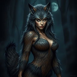 An incredibly captivating and fearless female figure with fur-covered skin, featuring the majestic head and tail of a wolf