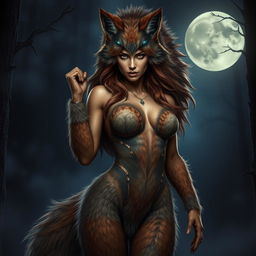 An incredibly captivating and fearless female figure with fur-covered skin, featuring the majestic head and tail of a wolf