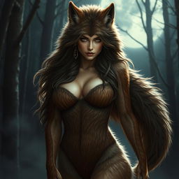 An incredibly captivating and fearless female figure with fur-covered skin, featuring the majestic head and tail of a wolf