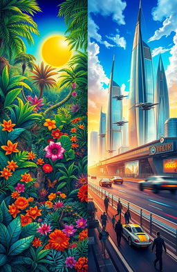 A captivating depiction of two distinct worlds coexisting side by side