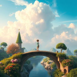 A captivating scene depicting a blend of real and imaginary worlds, featuring a boy standing on a beautifully crafted bridge
