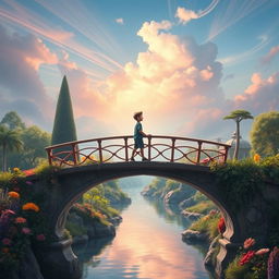 A captivating scene depicting a blend of real and imaginary worlds, featuring a boy standing on a beautifully crafted bridge