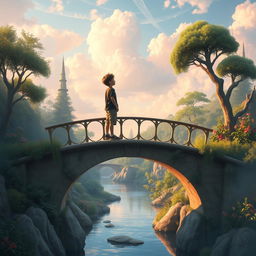 A captivating scene depicting a blend of real and imaginary worlds, featuring a boy standing on a beautifully crafted bridge