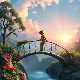 A captivating scene depicting a blend of real and imaginary worlds, featuring a boy standing on a beautifully crafted bridge