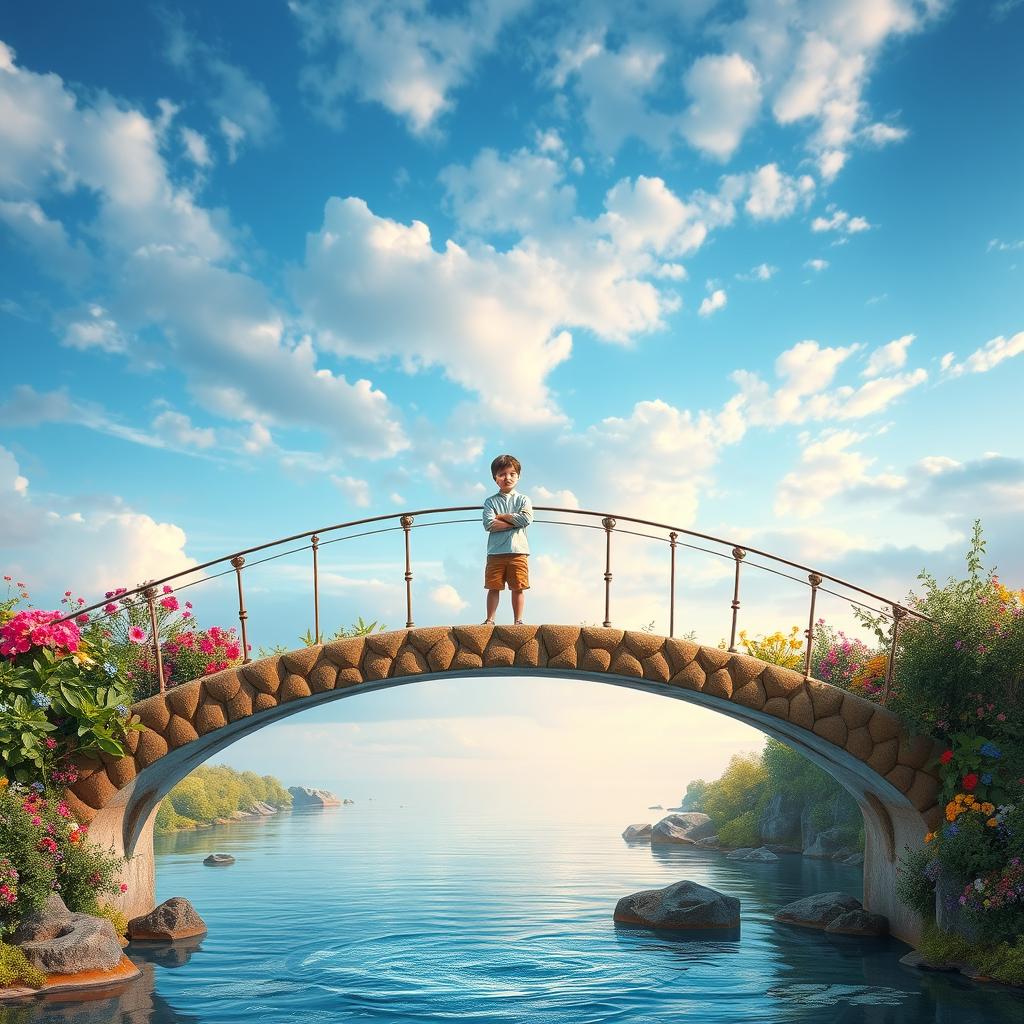 A captivating scene showcasing a blend of real and imaginary worlds, featuring a young boy standing confidently on a beautifully crafted bridge