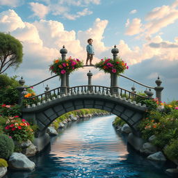 A captivating scene showcasing a blend of real and imaginary worlds, featuring a young boy standing confidently on a beautifully crafted bridge
