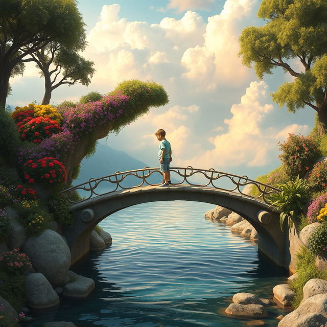 A captivating scene showcasing a blend of real and imaginary worlds, featuring a young boy standing confidently on a beautifully crafted bridge