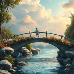 A captivating scene showcasing a blend of real and imaginary worlds, featuring a young boy standing confidently on a beautifully crafted bridge