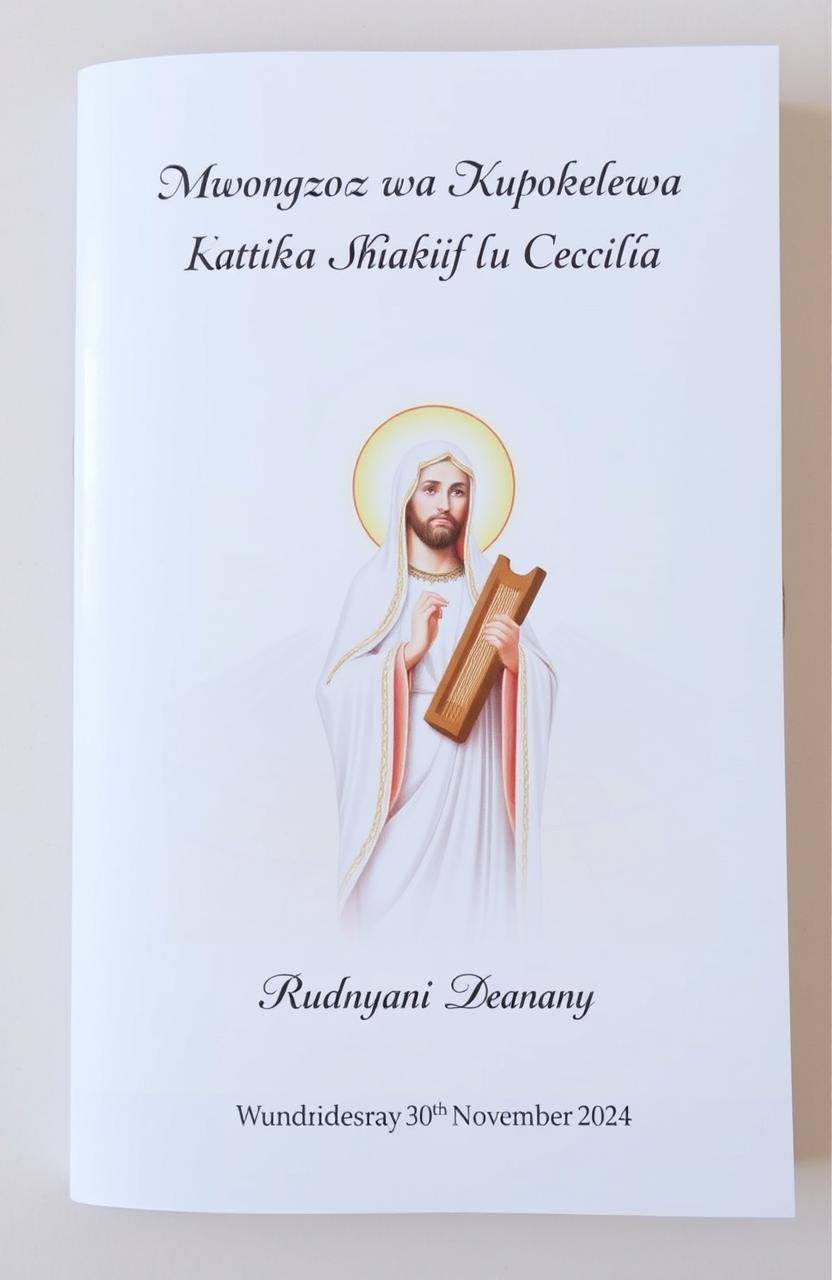 A prayer book cover featuring the title "Mwongozo Wa Kupokelewa Katika Shirika La Mtakatifu Cecilia" in an elegant, traditional Swahili-style font at the top