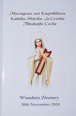 A prayer book cover featuring the title "Mwongozo Wa Kupokelewa Katika Shirika La Mtakatifu Cecilia" in an elegant, traditional Swahili-style font at the top
