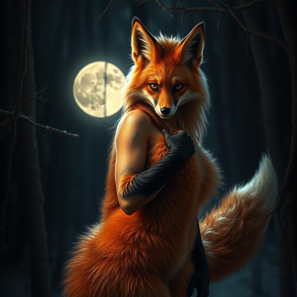 A mesmerizing female werefox exuding confidence and allure, her captivating beauty enhanced by her fur-covered skin