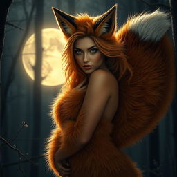 A mesmerizing female werefox exuding confidence and allure, her captivating beauty enhanced by her fur-covered skin