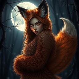 A mesmerizing female werefox exuding confidence and allure, her captivating beauty enhanced by her fur-covered skin
