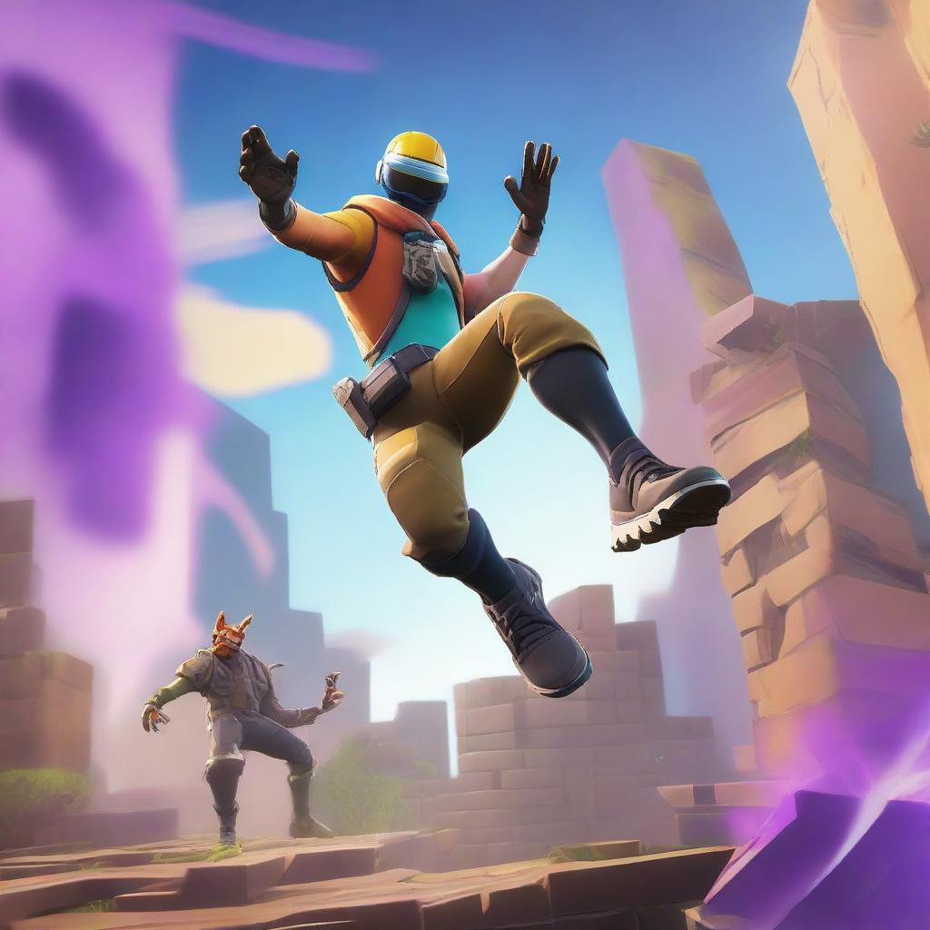 A high-resolution digital art image showcasing a Fortnite character in the middle of an edit play against an opponent