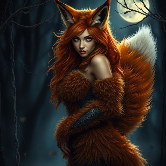 A mesmerizing female werefox exuding confidence and allure, her captivating beauty enhanced by her fur-covered skin