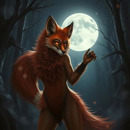 A strikingly fearless female werefox with luxurious fur-covered skin, embodying an irresistible allure as she lures in the night
