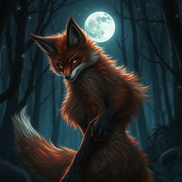 A strikingly fearless female werefox with luxurious fur-covered skin, embodying an irresistible allure as she lures in the night