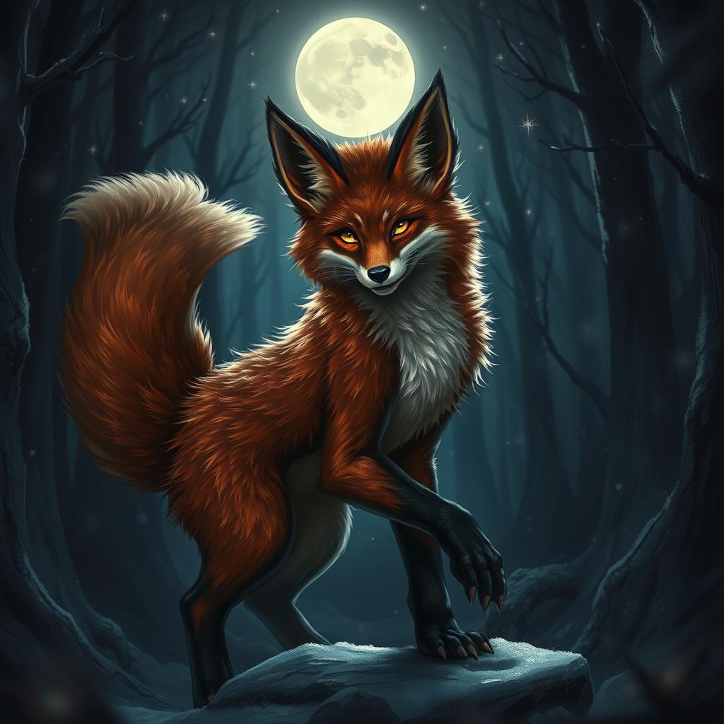 A strikingly fearless female werefox with luxurious fur-covered skin, embodying an irresistible allure as she lures in the night