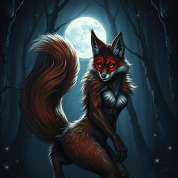 A strikingly fearless female werefox with luxurious fur-covered skin, embodying an irresistible allure as she lures in the night