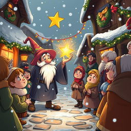 A lively and heartwarming scene in The Coldmaw Town, where a group of cheerful villagers encounters Mr