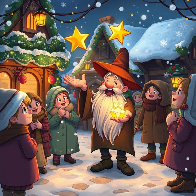 A lively and heartwarming scene in The Coldmaw Town, where a group of cheerful villagers encounters Mr